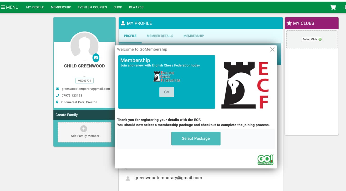 Profile page with Select Package