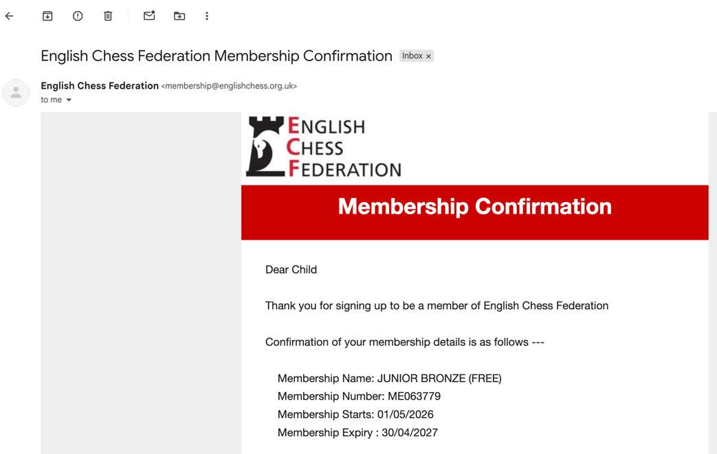 ECF Membership Confirmation email