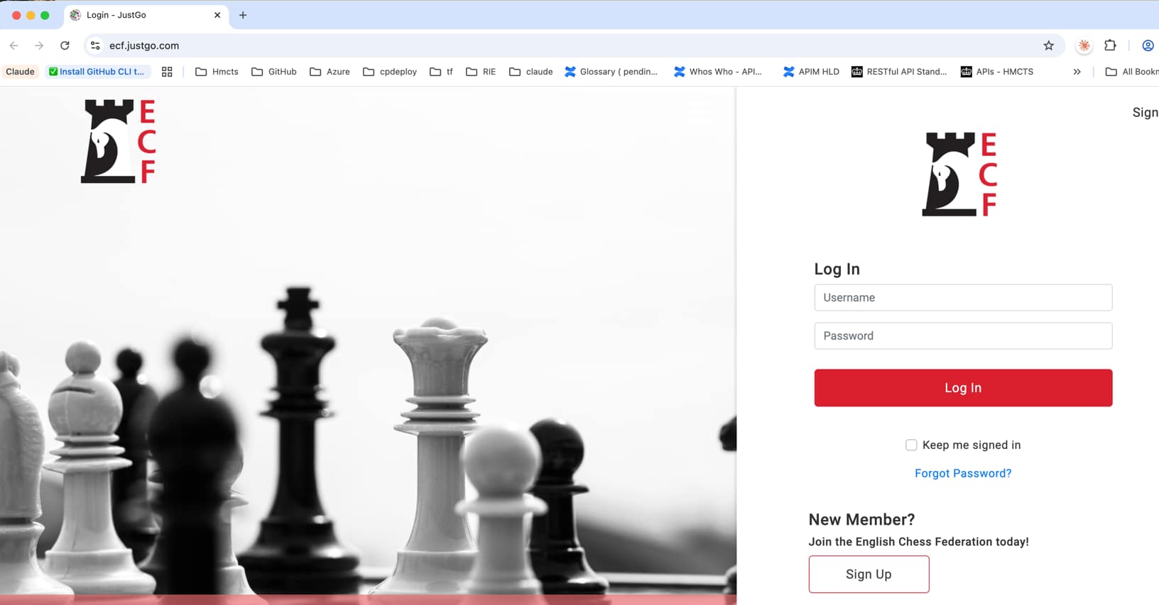 ECF JustGo login page